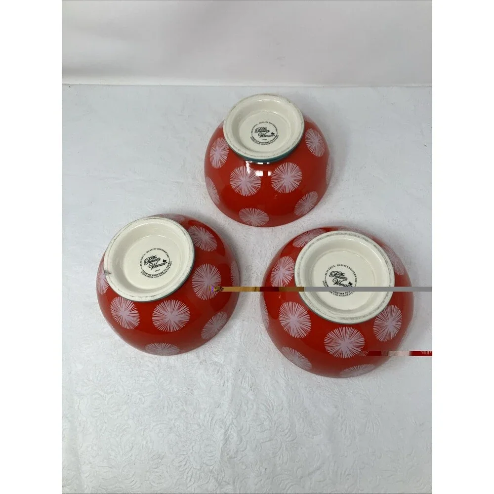 Pioneer Woman Red Starburst Large Cereal Bowls Footed Set of 3